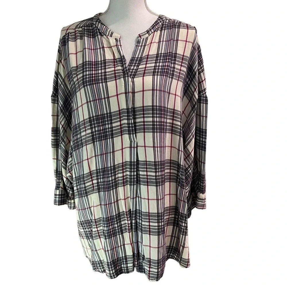 Lane Bryant Plaid Pull Over Popover Casual Style Rayon Blouse, Size 18/20